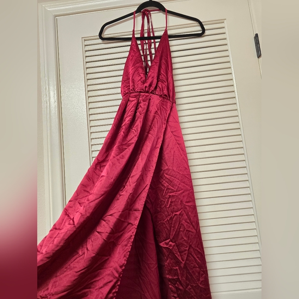 SHEIN - Red Evening Faux Satin Halter Maxi Dress With Side Leg Slit - Picture 2 of 7
